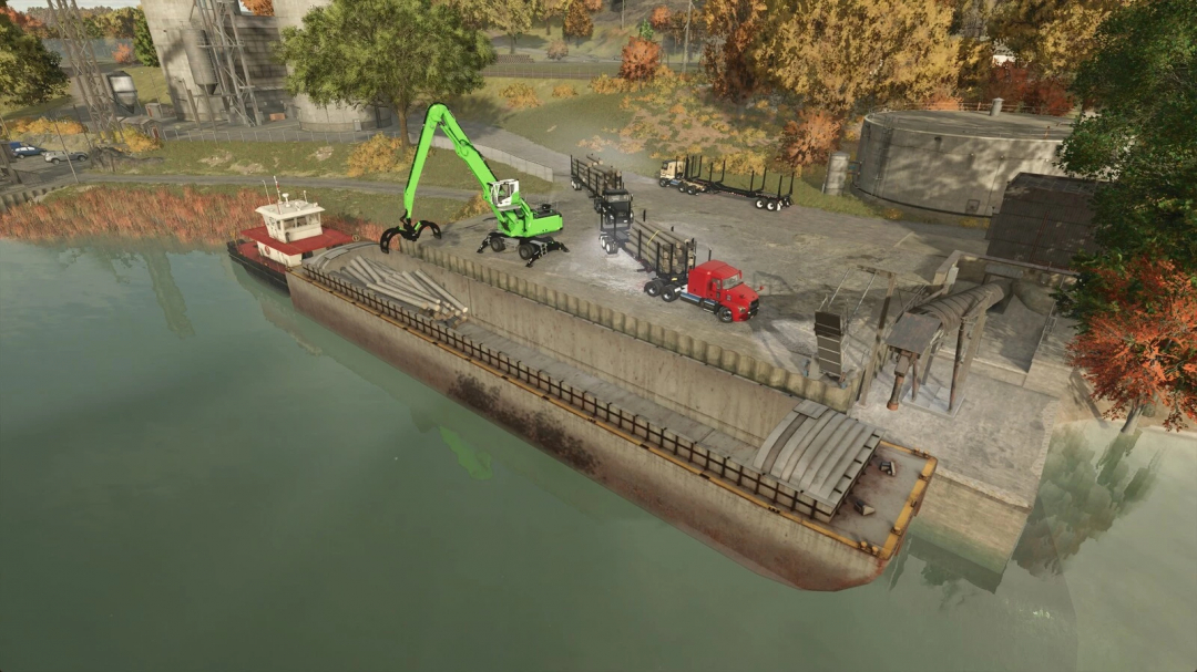 FS25 mods Cargo Ship v1.0.0.0 loading logs onto ship with cranes and trucks at riverside dock.