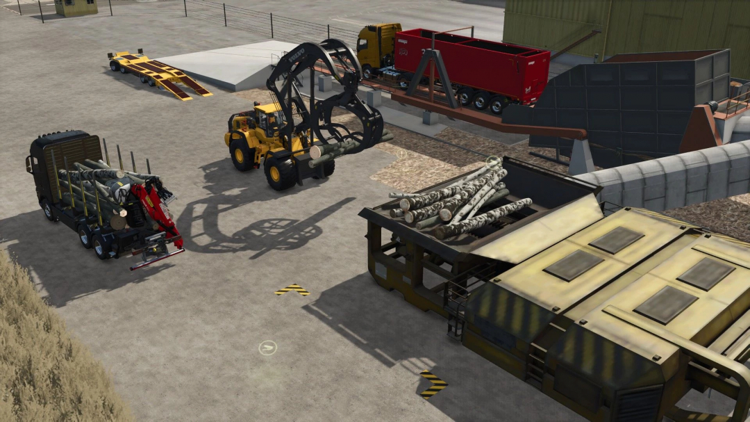 FS25 mods, Cellulose factory v1.0.0.0 with vehicles unloading logs for processing.