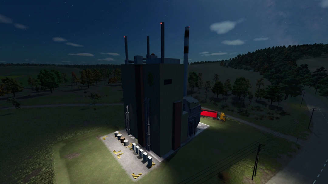 Night view of Cellulose Factory mod in FS25 with a truck, surrounded by trees under a starry sky.