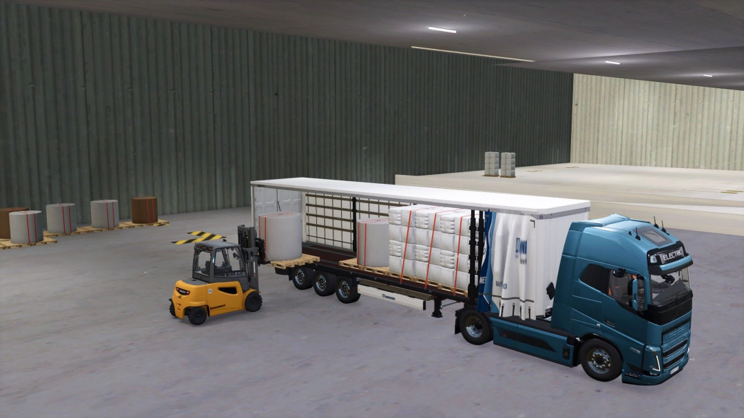 FS25 mod: Forklift loading cellulose onto truck in Cellulose Factory v1.0.0.0.