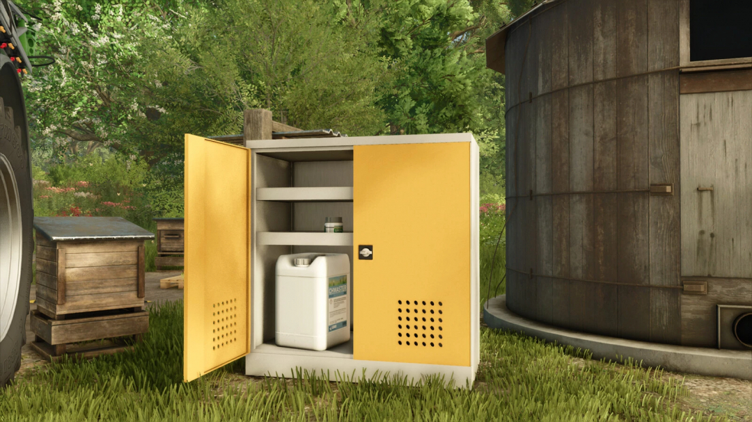 Chemicals Cabinet mod for FS25 showing a yellow cabinet with containers, enhancing farm management.