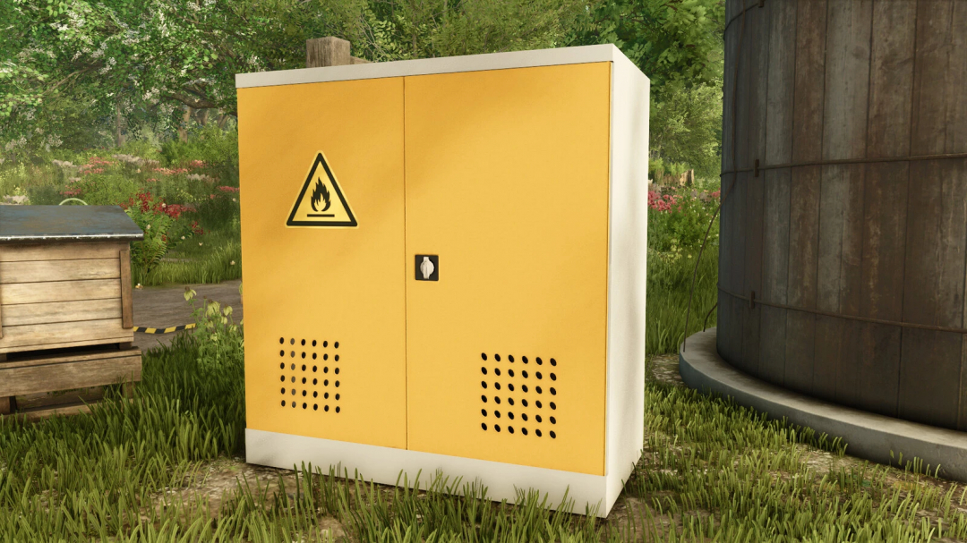 Chemicals Cabinet mod in Farming Simulator 25, featuring a yellow storage unit with hazard sign, enhancing farm equipment management.