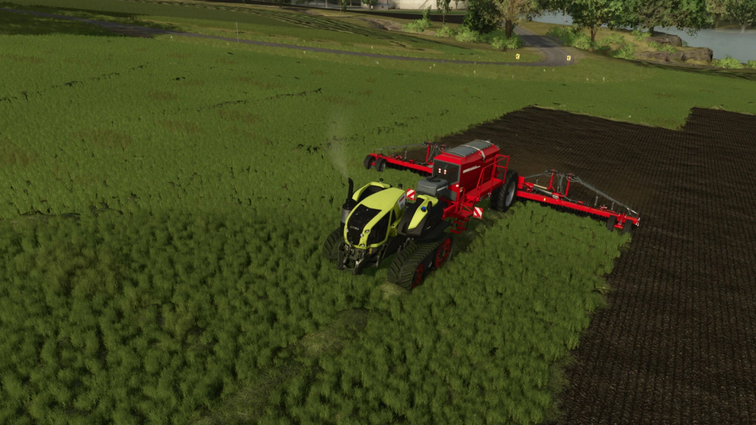 FS25 mod Claas AXION 930PTT tractor in field with red attachment, Farming Simulator 25.