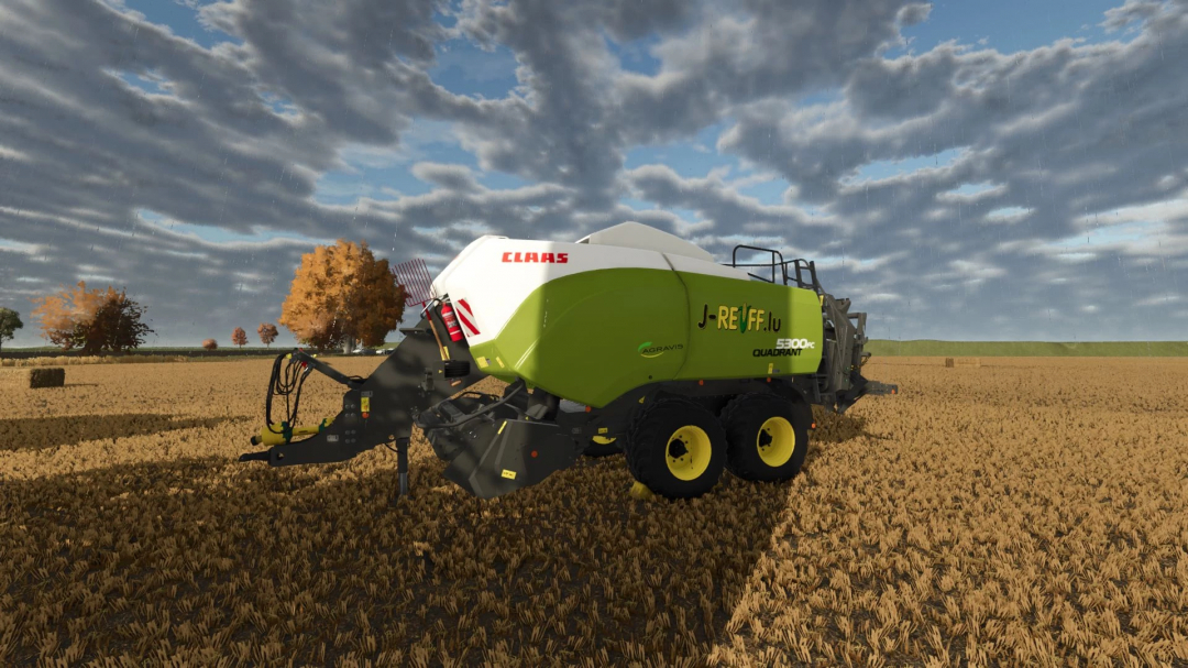 Claas Quadrant 5300PC mod for FS25 in a field, showcasing the detailed design under a cloudy sky.