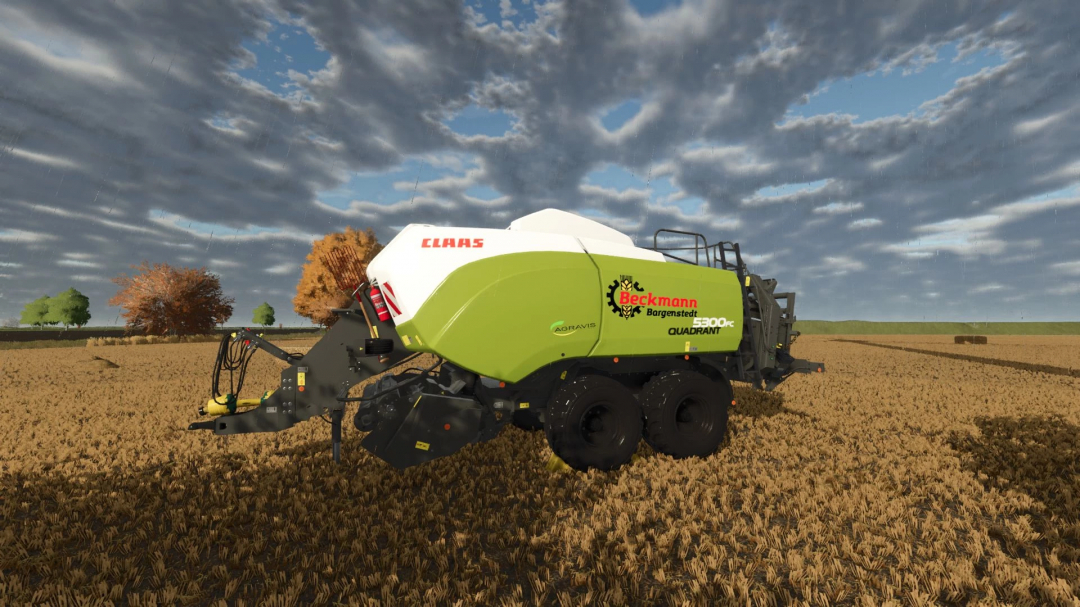 Claas Quadrant 5300PC mod in FS25, depicted in a wheat field with cloudy skies.