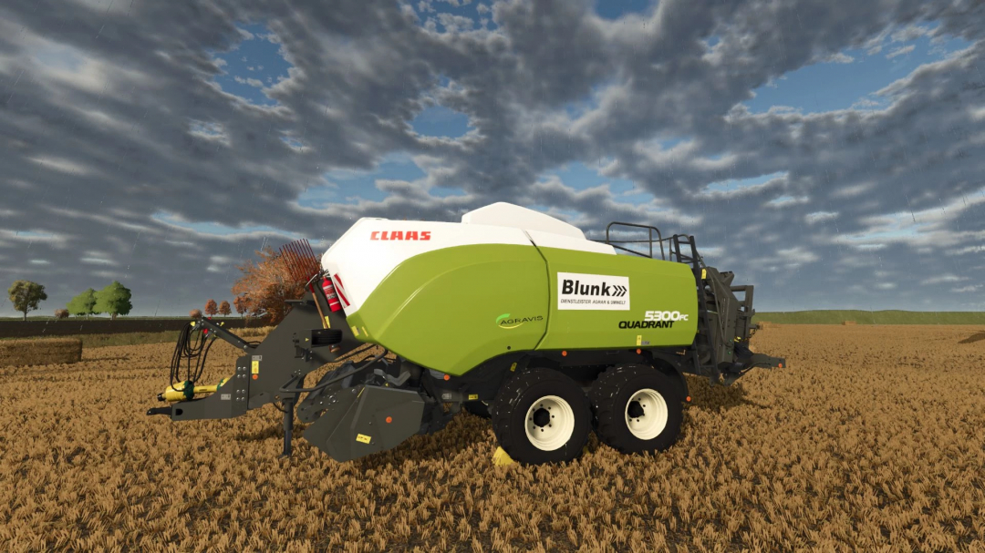 FS25 mods: Claas Quadrant 5300PC v1.0.0.0 baler in a field under cloudy sky in Farming Simulator 25.