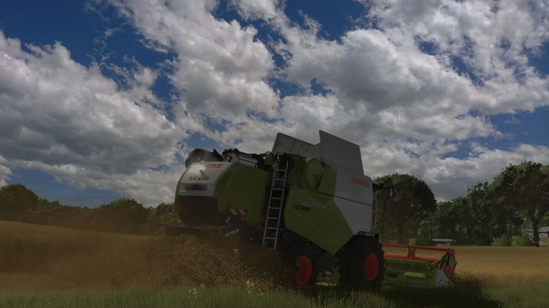 FS25 mod Claas Tucano 300-400 harvesting under a cloudy sky.