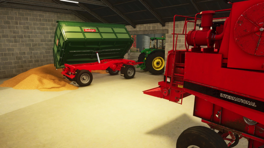 FS25 mods Cowshed With Garage v1.0.0.0 showing a tractor with trailer unloading grain inside a garage.