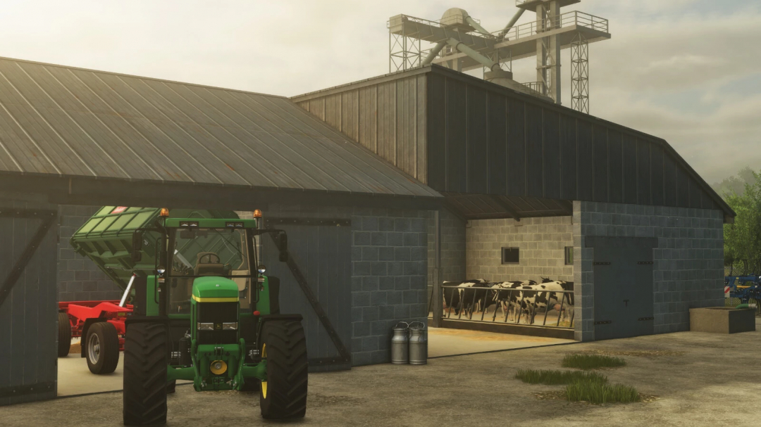 FS25 Cowshed With Garage v1.0.0.0 mod featuring a barn with cows and parked tractor in Farming Simulator 25.