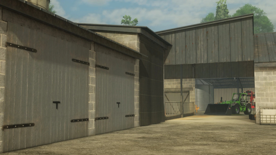 Cowshed with garage in FS25 mod, featuring a tractor inside the barn.