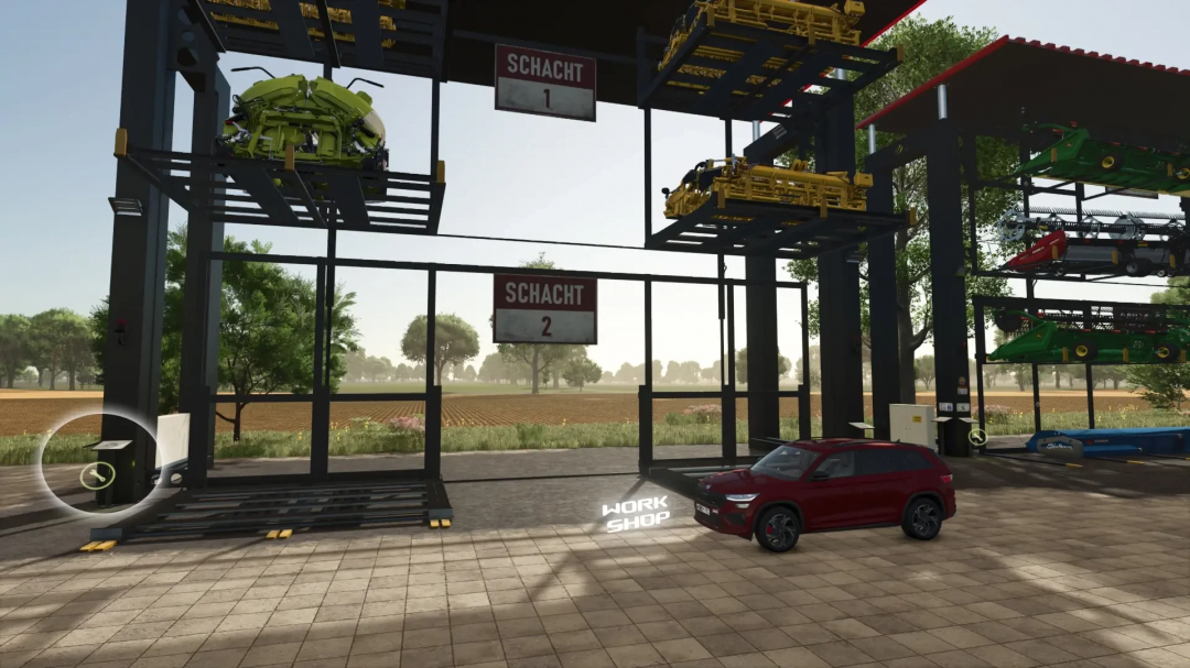 FS25 mods Cutting system bearing v1.0.0.0 in a workshop with farm equipment on lifts and a car parked nearby.