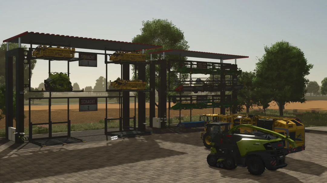 FS25 mod 'Cutting system bearing v1.0.0.0' showing machinery storage racks and vehicles in Farming Simulator 25.