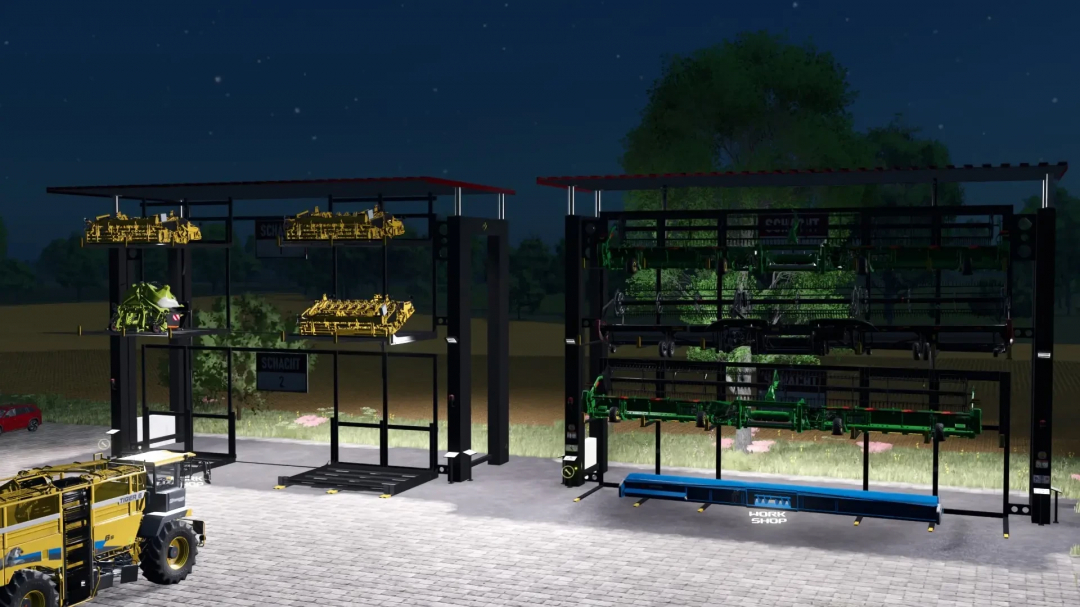 FS25 mods display cutting system bearing at night in Farming Simulator 25.