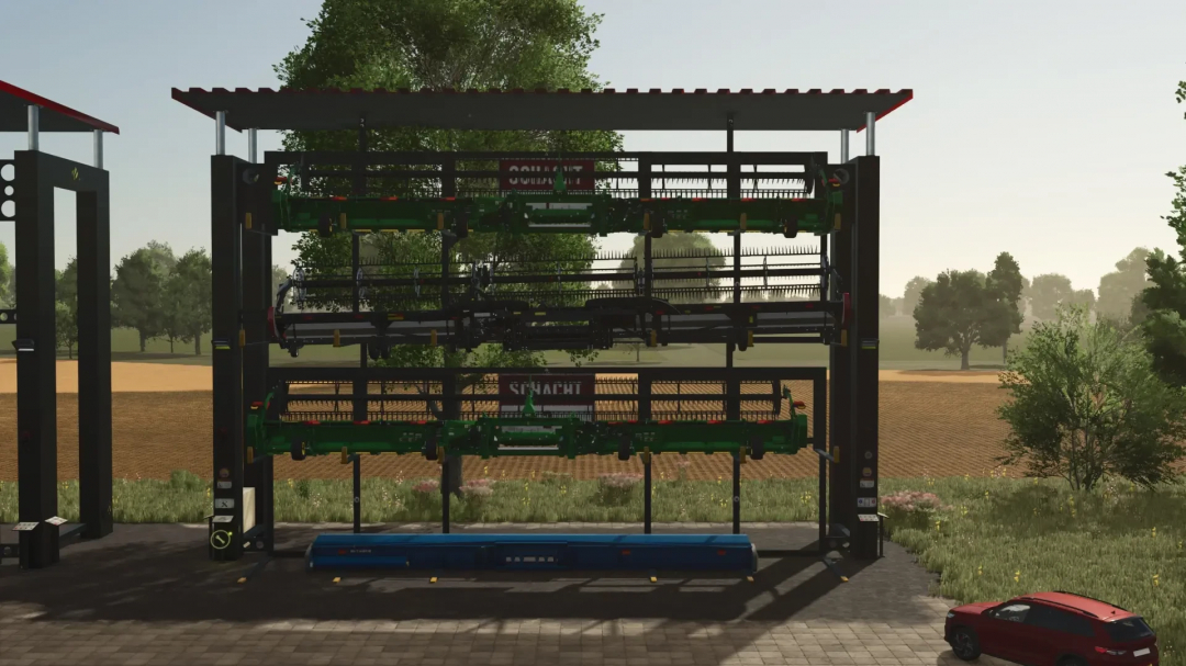 Cutting system bearing mod in FS25, featuring stacked agricultural tools on a structure.