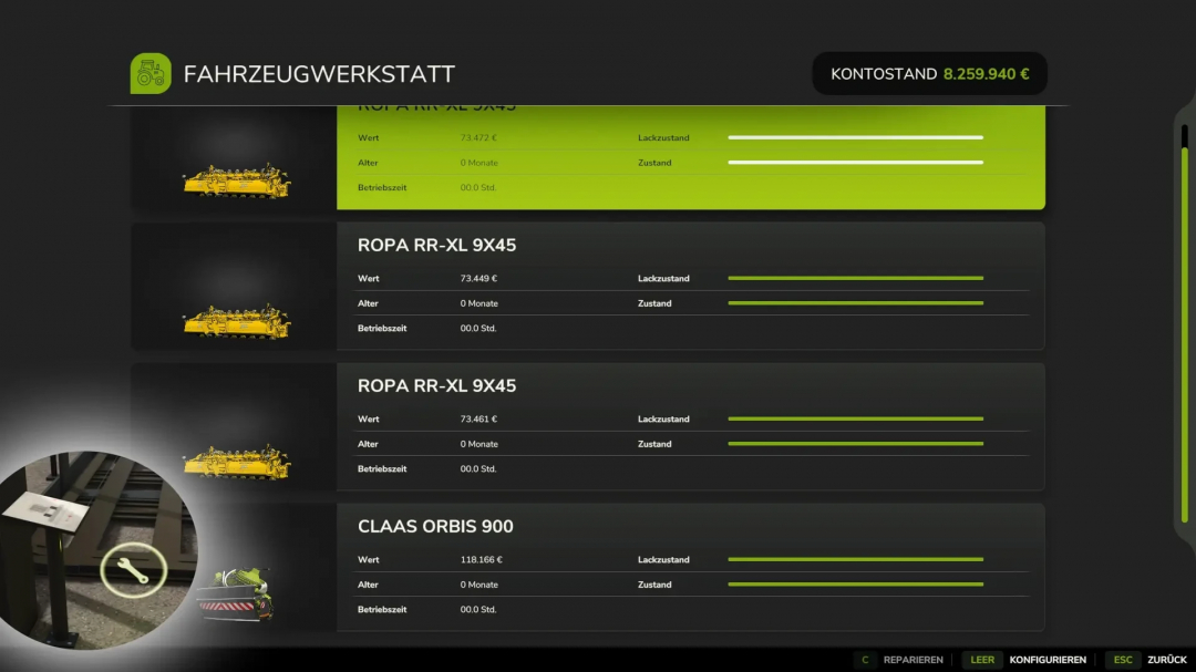 FS25 mods screen showing vehicle workshop with details of ROPA RR-XL 9x45 and CLAAS ORBIS 900, including values and conditions.