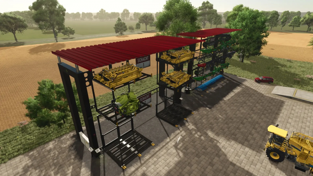 FS25 mods: Cutting system bearing v1.0.0.0 in a farm setting with machinery under red shelters.