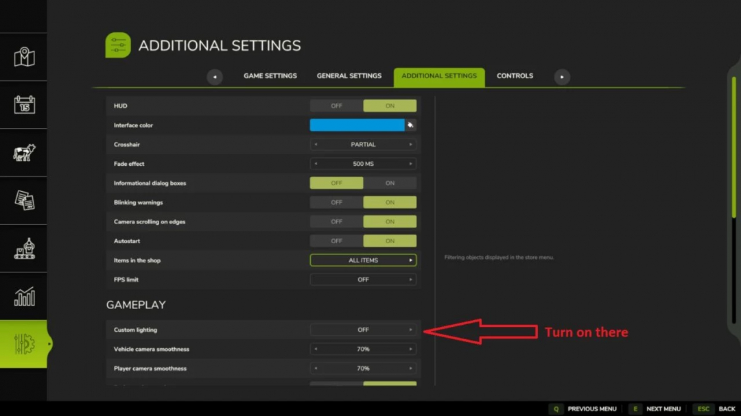 Farming Simulator 25 additional settings menu showing options for HUD, gameplay, and custom lighting toggle for mods.