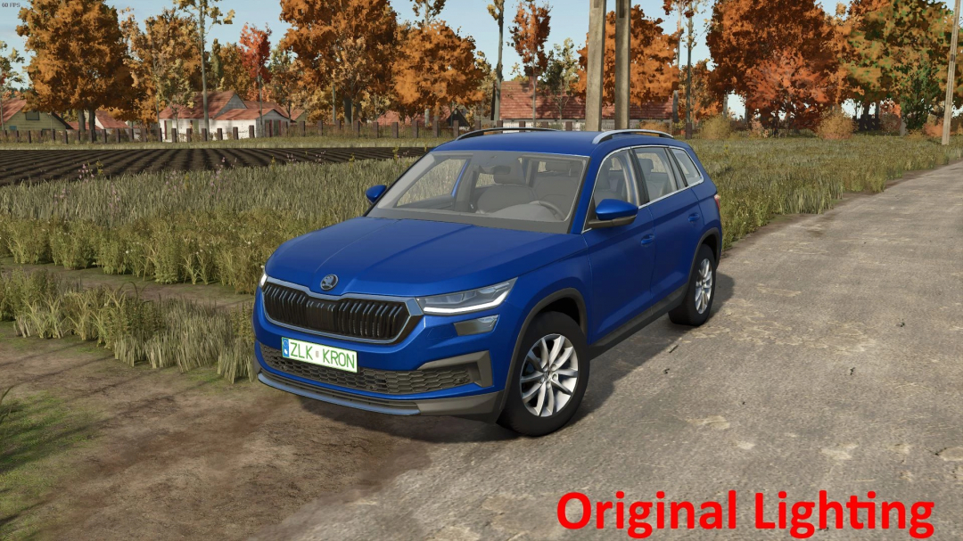 FS25 mod image showing a blue SUV with original lighting on a rural road, autumn foliage in the background. Keywords: FS25 mods, Farming Simulator 25 mods.