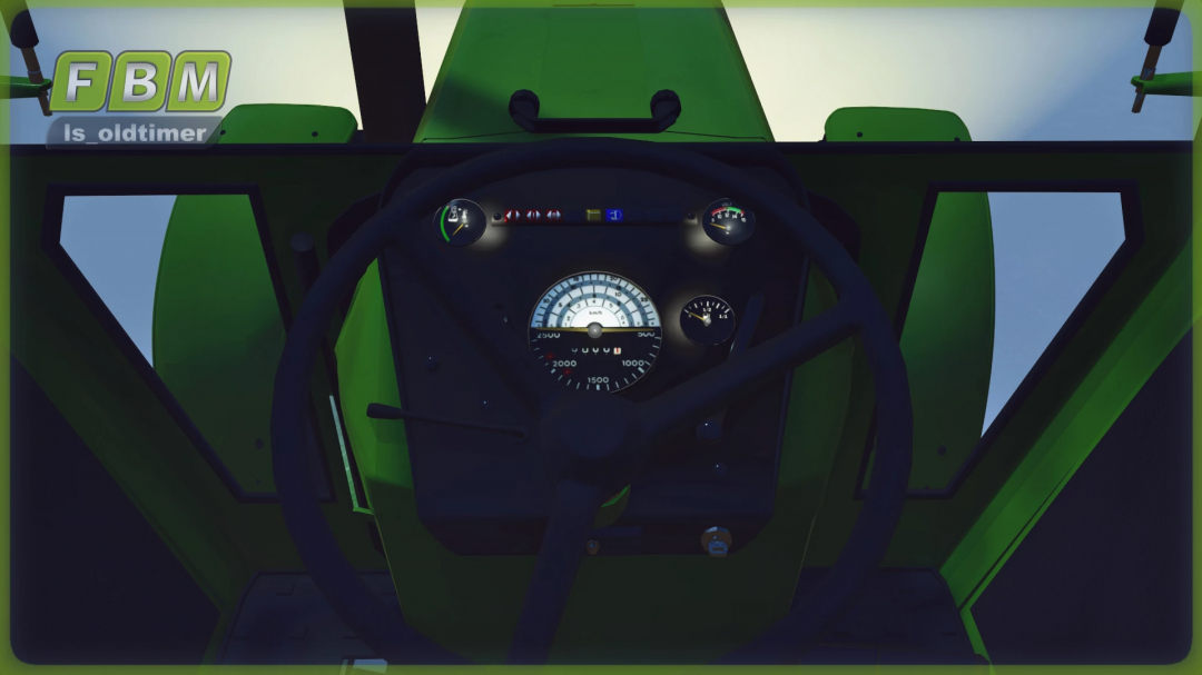 Interior view of Deutz D13006 Beta v1.0.0.0 in FS25, showcasing dashboard and steering wheel. FS25 mods.