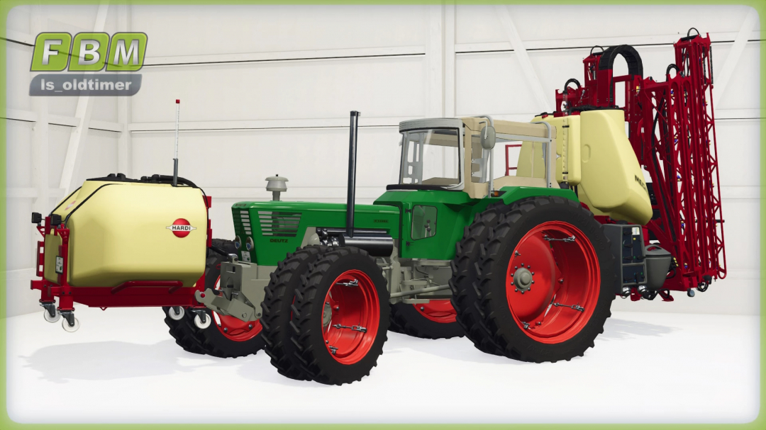 Deutz D13006 Beta tractor mod for FS25 with attached Hardi equipment in a garage.