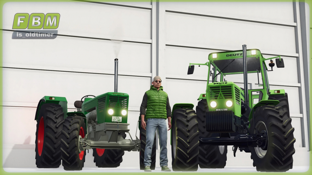 Deutz D13006 Beta mod in FS25 features two green tractors in a shed.