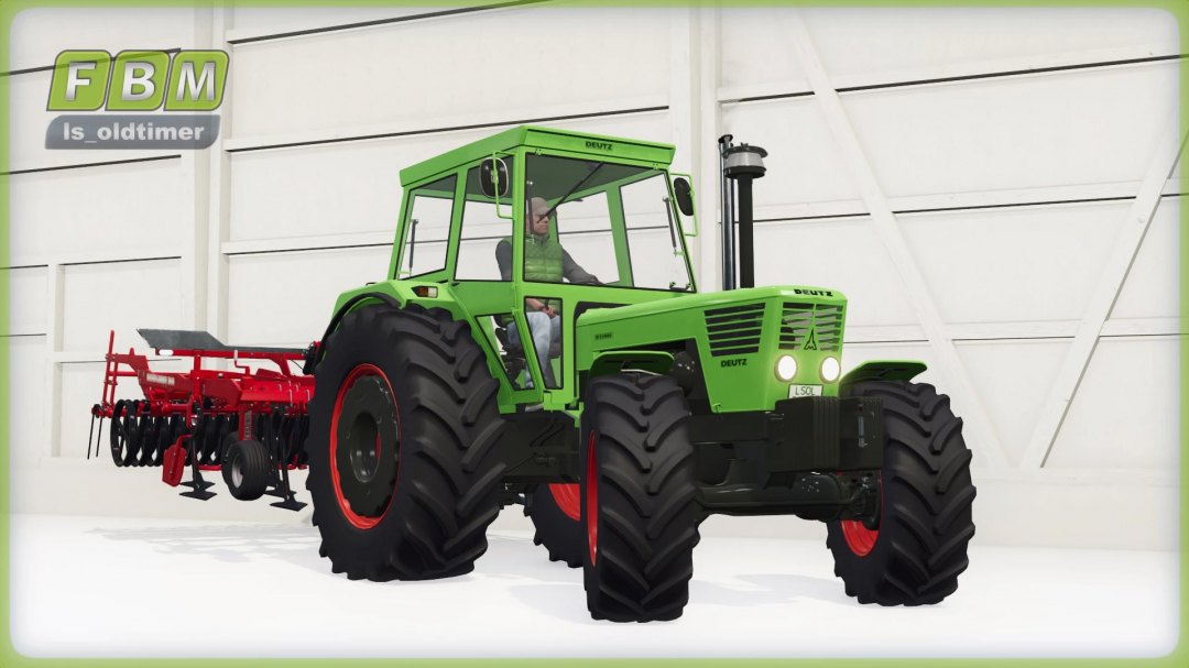 FS25 mod Deutz D13006 Beta v1.0.0.0 tractor, green with red wheels, in a garage setting.