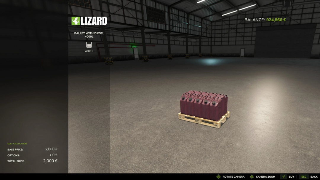 FS25 mod Diesel Pallet v1.0.0.0 showcasing 4000L of diesel in a warehouse.