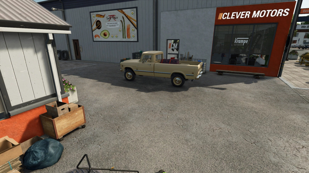 FS25 mod Diesel Pallet v1.0.0.0 scene with a vintage pickup truck parked near Clever Motors showroom.