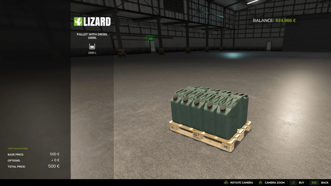 FS25 mod Diesel Pallet v1.0.0.0 features 1000L jerry cans on a pallet in a warehouse setting.