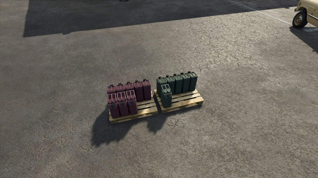 Diesel Pallet v1.0.0.0 mod in FS25 showing two pallets with fuel containers.