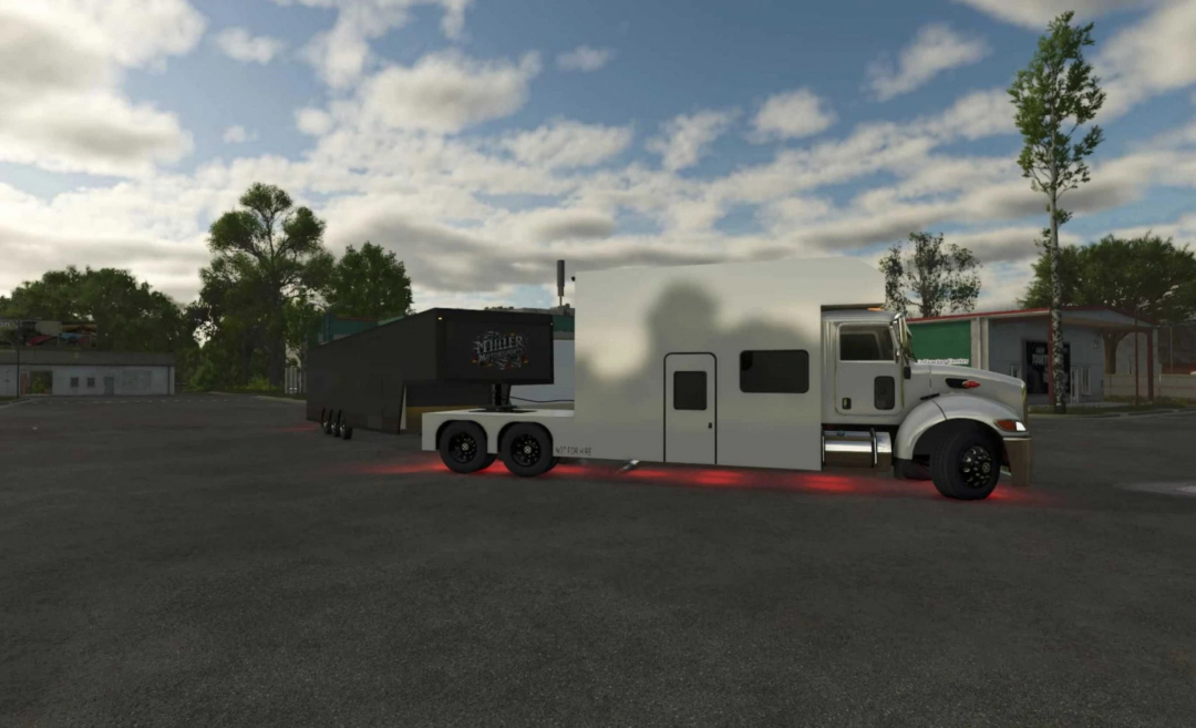 Enclosed race hauler and stacker trailer mod for FS25 parked in a parking lot under a cloudy sky.