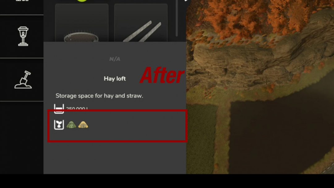FS25 mod display showing hay loft storage capacity after upgrade with icons.