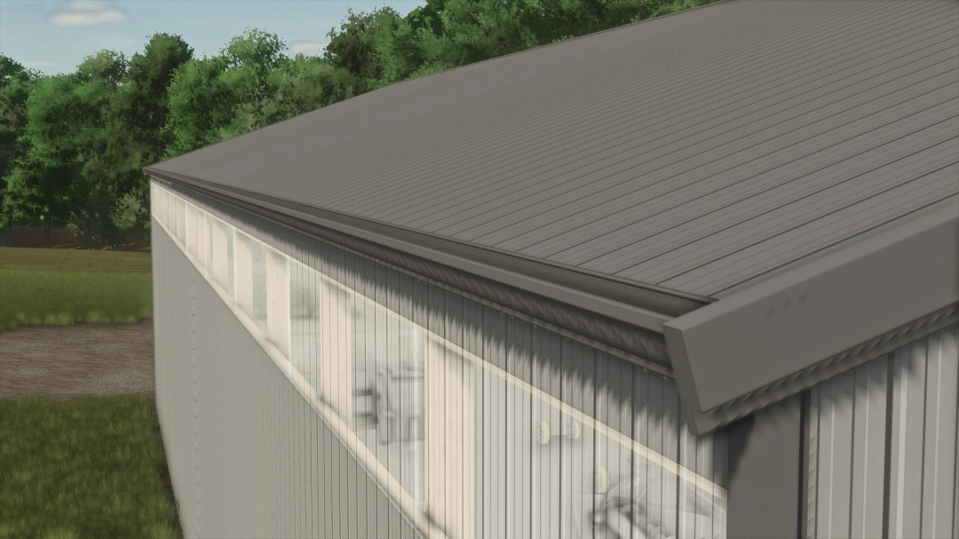 FS25 40x97 Open End Shed mod showcasing its detailed roof design in Farming Simulator 25.