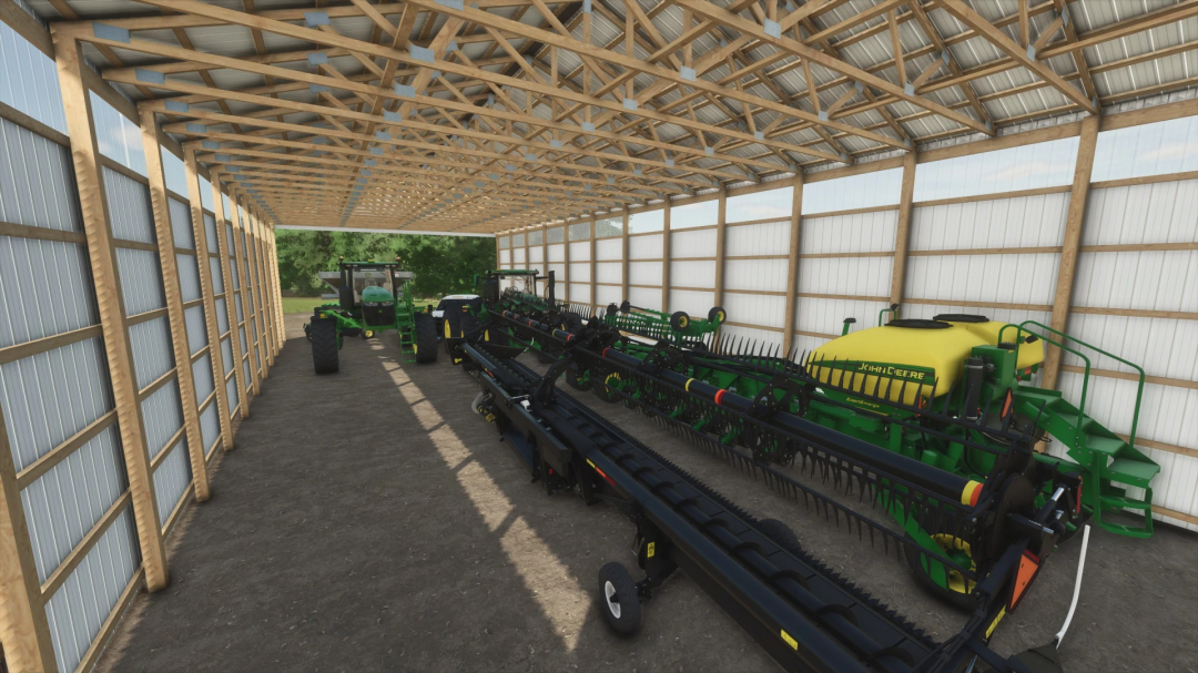 FS25 mod 40x97 Open End Shed with farm equipment inside, showcasing Farming Simulator 25 features.