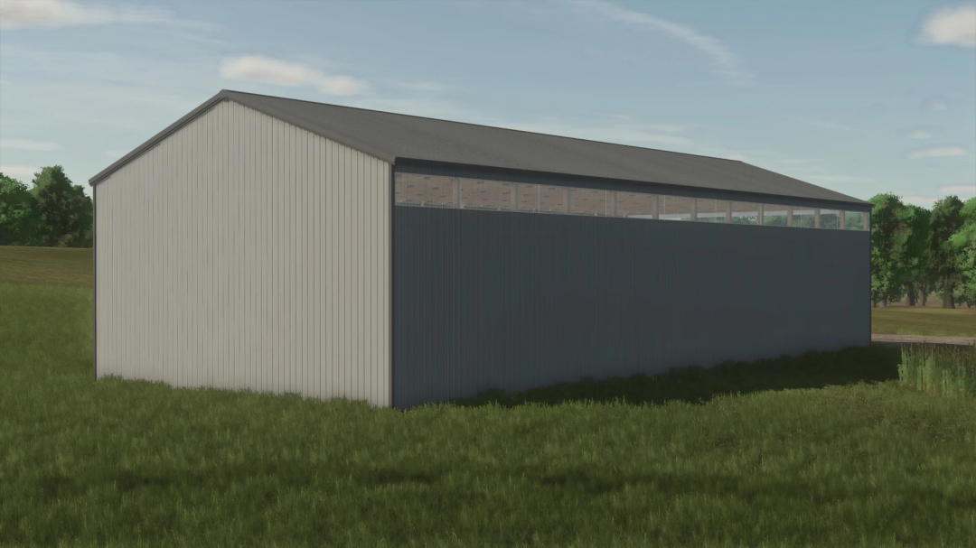 FS25 40x97 Open End Shed mod in Farming Simulator 25, showcasing a large, modern agricultural shed in a grassy field.