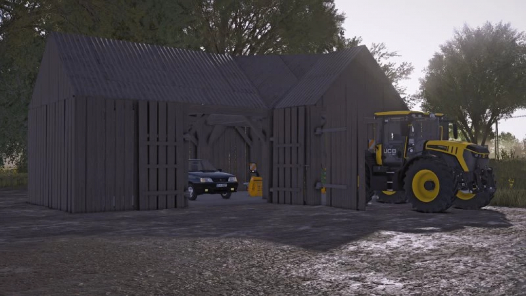 FS25 Barn mod in Farming Simulator 25 featuring a rustic wooden barn with a tractor and car parked outside.