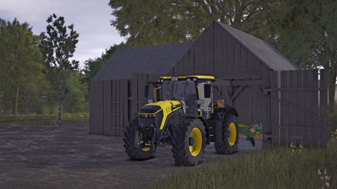 FS25 Barn mod v1.0.0.0 in Farming Simulator 25, featuring a tractor parked outside a wooden barn amidst lush greenery.