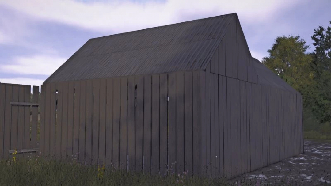 FS25 Barn v1.0.0.0 mod in Farming Simulator 25, showcasing a realistic wooden barn structure in a rural setting.