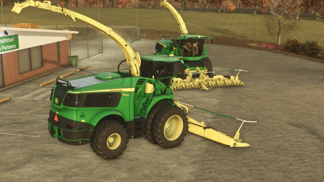 FS25 John Deere 9000's Series mod featuring two harvesters in a parking lot, Farming Simulator 25 mods.