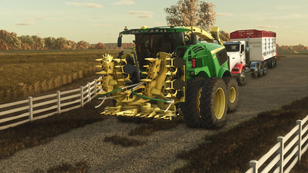 FS25 John Deere 9000's Series mod depicted in a farm setting with harvesters and trailers.