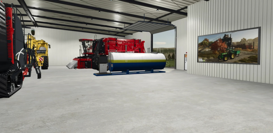 FS25 Modern Shed Pack v1.0.0.0 showcases a spacious interior with farming equipment and a mural, part of Farming Simulator 25 mods.