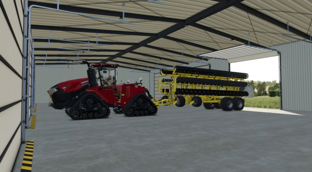 Interior of modern shed with tractor and equipment from FS25 Modern Shed Pack mod.