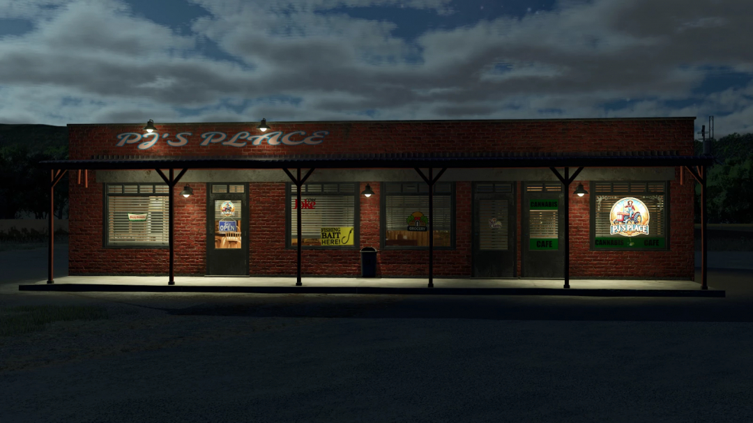 FS25 PJs Place mod showcasing a brick cafe at night with neon signs, part of Farming Simulator 25.