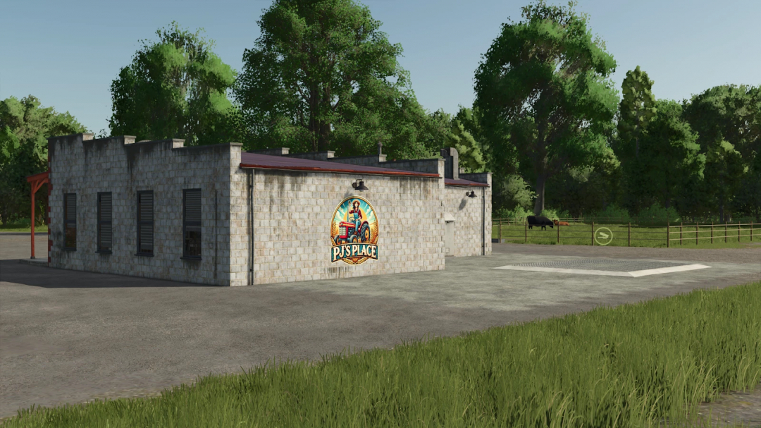 FS25 PJs Place mod with a rustic building in Farming Simulator 25 environment.