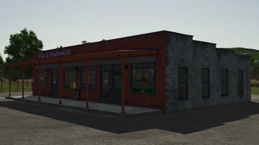 FS25 PJs Place v1.0.0.0 mod features a red-brick building with a cafe sign, enhancing Farming Simulator 25 gameplay.