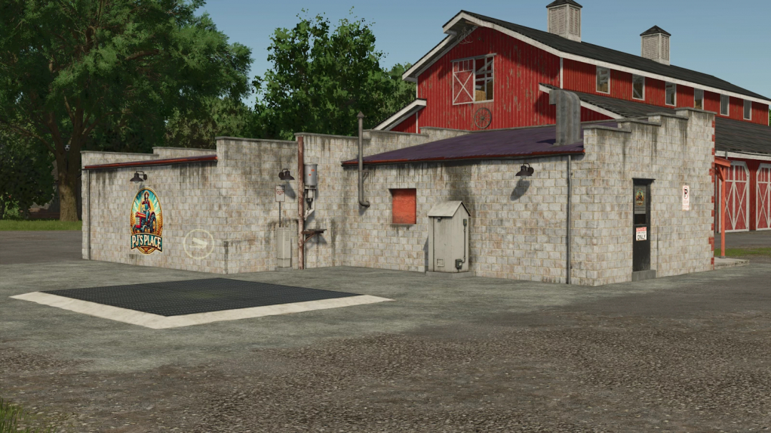 FS25 PJs Place v1.0.0.0 mod with brick building and red barn in Farming Simulator 25.