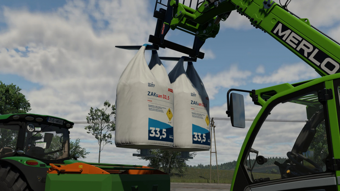 FS25 mods: Fertilizer and Lime Big Bags lifted by green machinery in Farming Simulator 25.