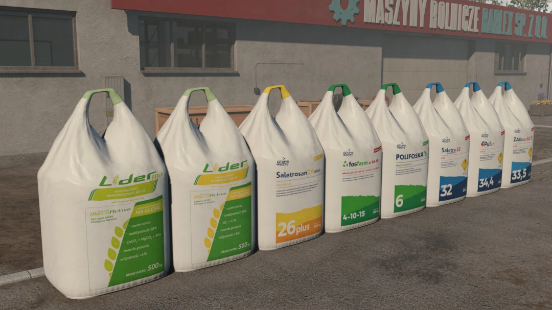 Farming Simulator 25 Fertilizer And Lime Big Bags Pack v1.0.0.0 showcasing various branded bags outside a building.