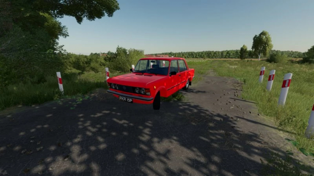 Red Fiat 125p car mod in Farming Simulator 22 forest scene.