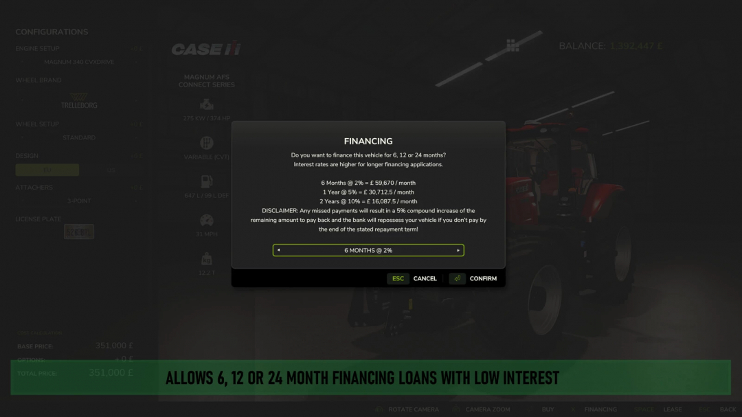 FS25 Financing mod v1.0.0.0 screen offering 6, 12, or 24-month loans with interest rates, part of Farming Simulator 25 mods.